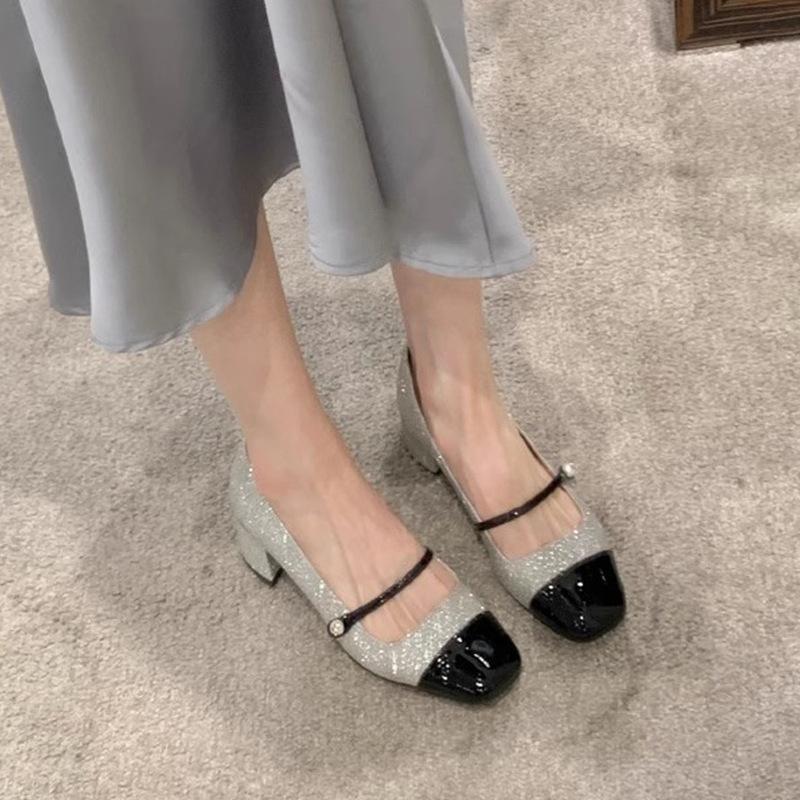 Grape Mother, the Same Style, Sparkling Sequins, Small Fragrant Style Square Head, One Word with Thick Heels, Mary Jane Shoes for Women, Medium Heels,