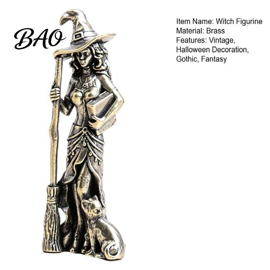 Niche Gothic Room Accessories Brass Witch Statue with Cat, Vintage Metal Figurine, Collectible Fantasy Decorative Desk Ornament Halloween for