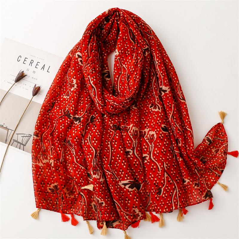 "Bali Yarn Cotton-Linen Scarf: Fresh Solid Color, Fruit Green & Bright Yellow Leaf Print with Tassel Detail"