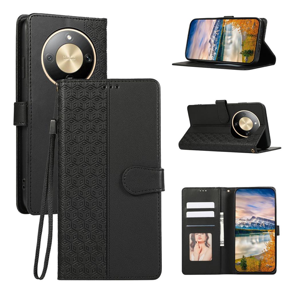 Phone Case For Honor Magic8 Lite 5G / X9d 5G / X70 5G Splicing Imprinted Rhombus Leather Cover with Wrist Strap