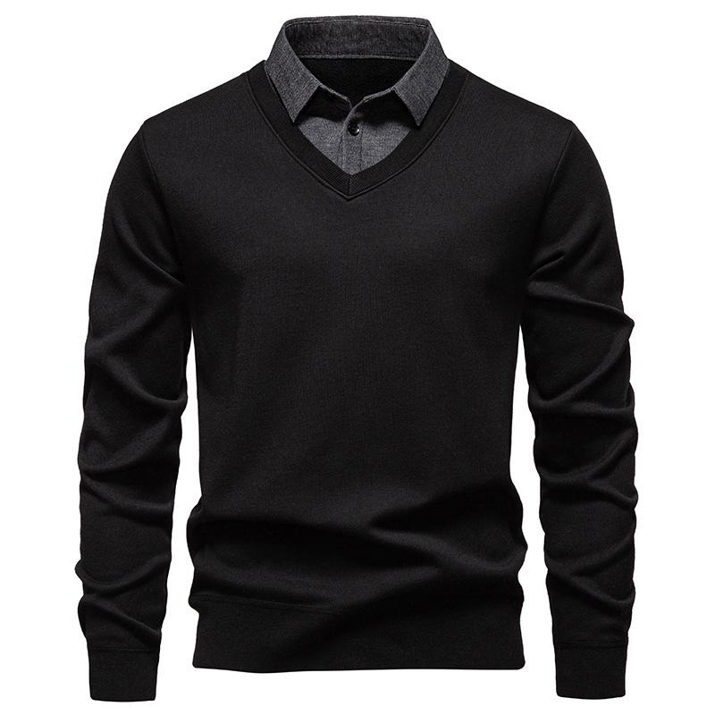 Men s Fashion Plus Velvet Knit Pullover: Thickened Fake Two-Piece Sweater with Shirt Collar for Autumn & Winter L