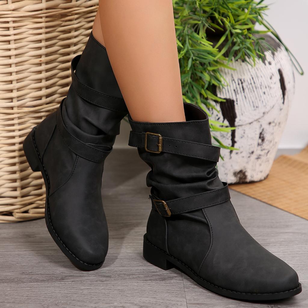 Retro Short Boots Women's Spring/Autumn Flat Bottom Pleated Boot Middle Barrel Stacked Boots Women Shoes Mid-Calf Ladies Shoes