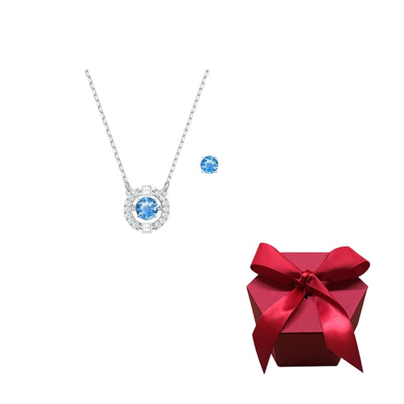 Swarovski Una Hoop Earrings Necklace Set Womens Blue/Plated White F-Gift Box Style B