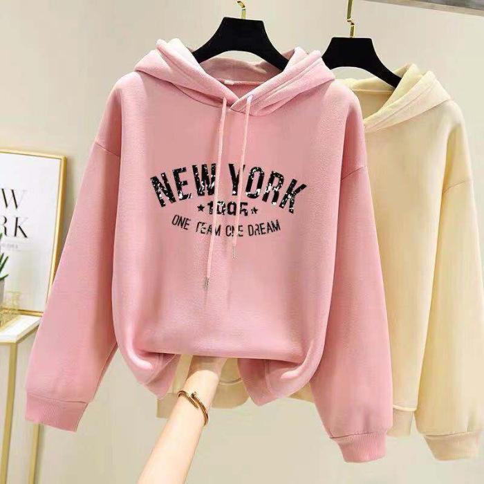 Korean Style Women's Fleece-Lined Hooded Sweatshirt, Plus Size, Loose Fit, Long-Sleeved, for Autumn and Winter.
