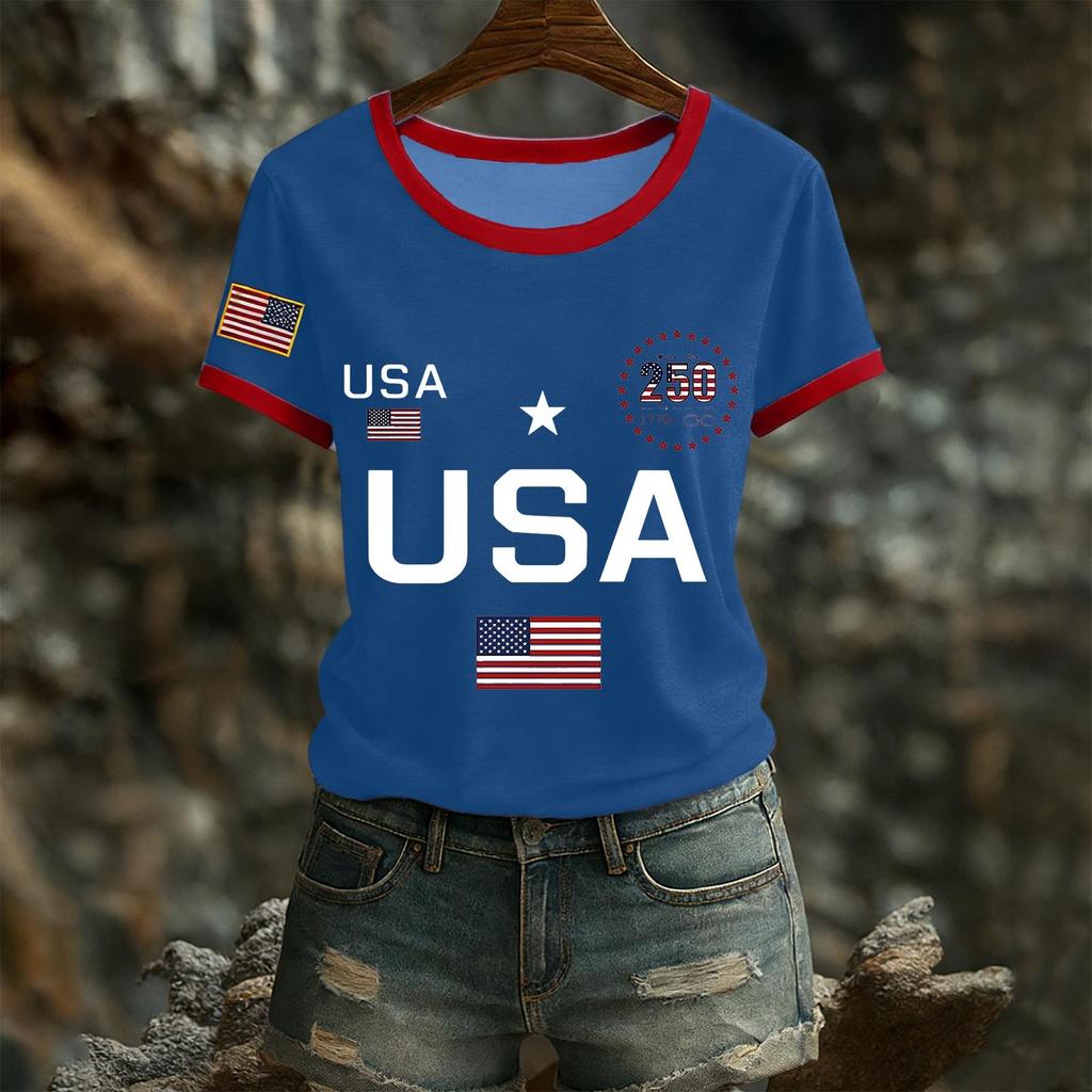 Women's Casual Round Neck Short Sleeve Pullover Printed T-Shirt Top