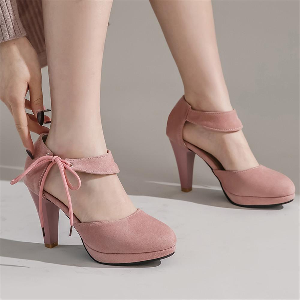 Fashion Spring Autumn New Ladies Platform Mary Janes Pumps Fashion Lace Bow Thick High Heels Women's Party Wedding Flock Woman Shoes