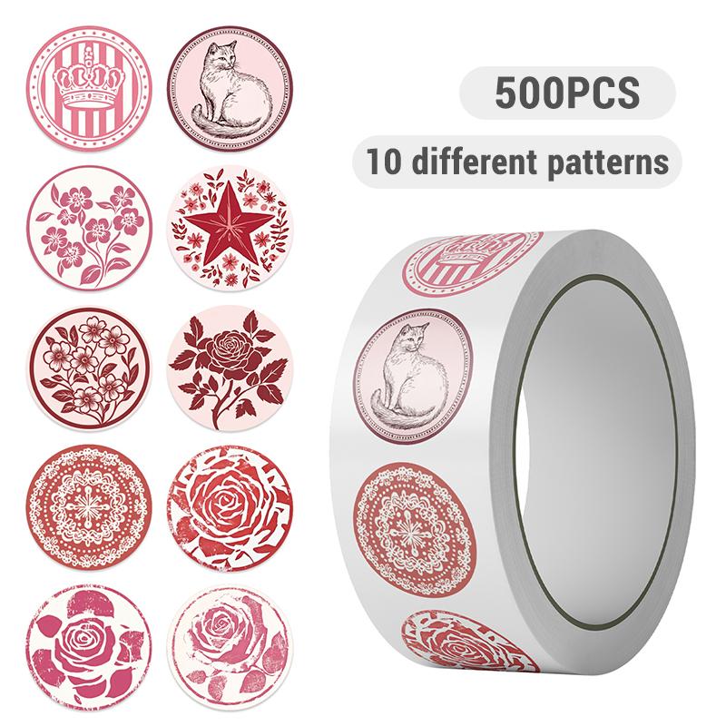 

500PCS Vintage Pink Cartoon Aesthetic Stickers Roll Cute Plant Flower Rose Seal Cat Decals Waterproof DIY Decoration Sticker