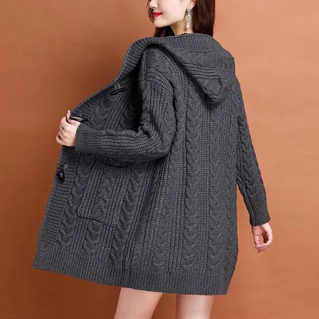 Women Spring Autumn Hooded Cardigan Sweater Jacket Ladies Mid Length Sweater Casual Knitted Overcoat