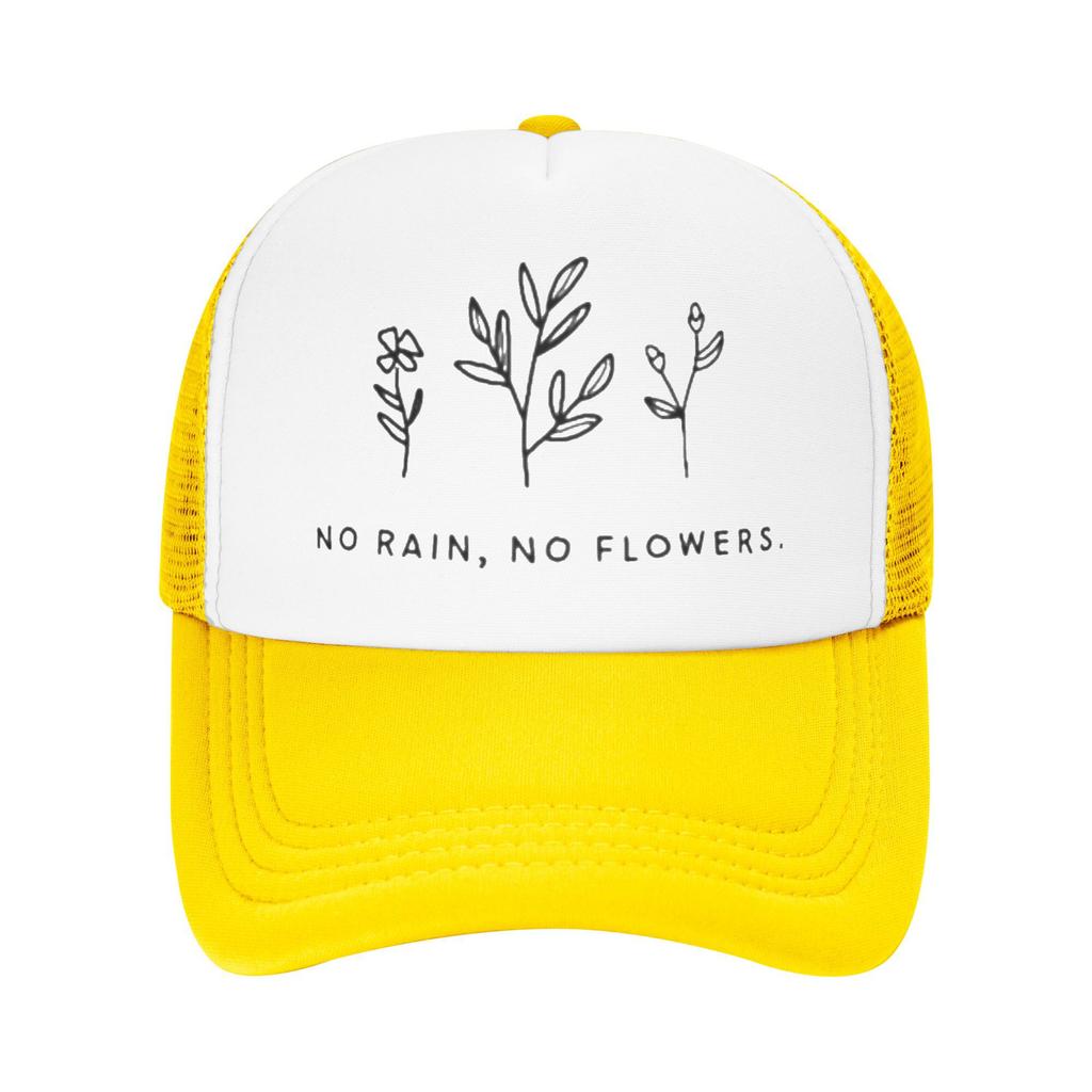 No Rain No Flowers Graphic Trucker Hat Minimalist Floral Design Breathable Mesh Baseball Cap Unisex Casual Adjustable