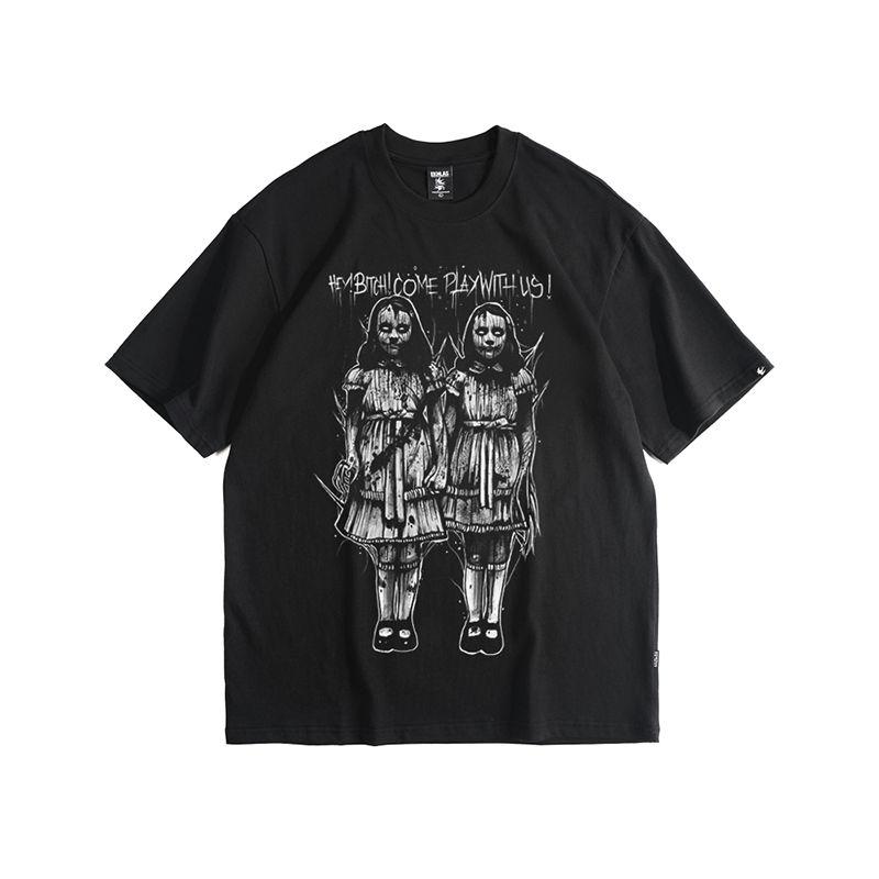Damski gotycki T-shirt Przerażające Bliźniaczki Nadruk Czaszki Harajuku Nowość Odzież Topy Zmutowany Rockowy T-shirt Odzież Damska