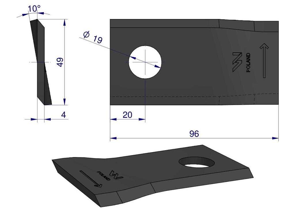 Knife. Blade Mower Left 96X48X4Mm Hole 19 Application 16503465 Deutz-Fahr Waryński ( Sold In 25s )