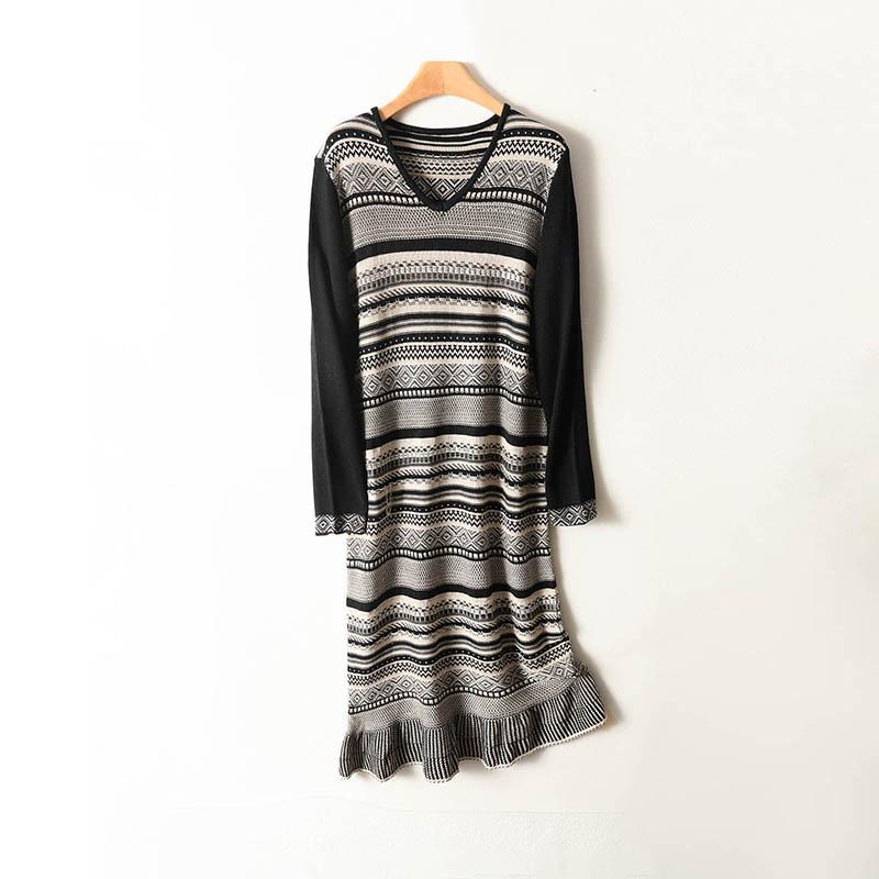 Women Sweater Dress 100% Wool MODERN NEW SAGA V-neck Knit Long Pullover Winter Jumpers Wool Long Dress Female