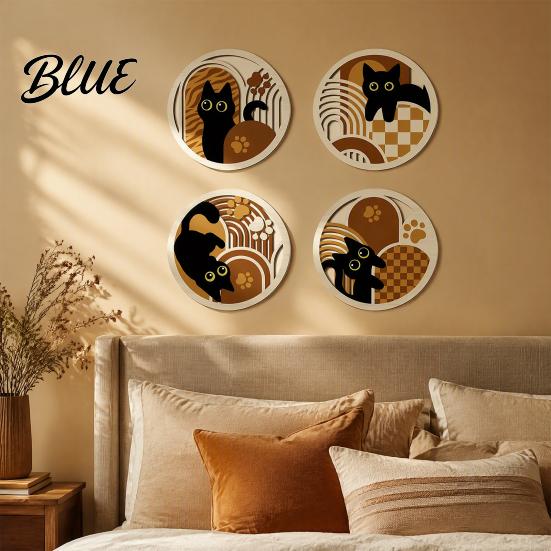 Solid Wood Decorative Flat Geometric Wooden Wall Cat Panels 4Pcs Decor 2D Hollow Art Prints Decor Art Modern Minimalist