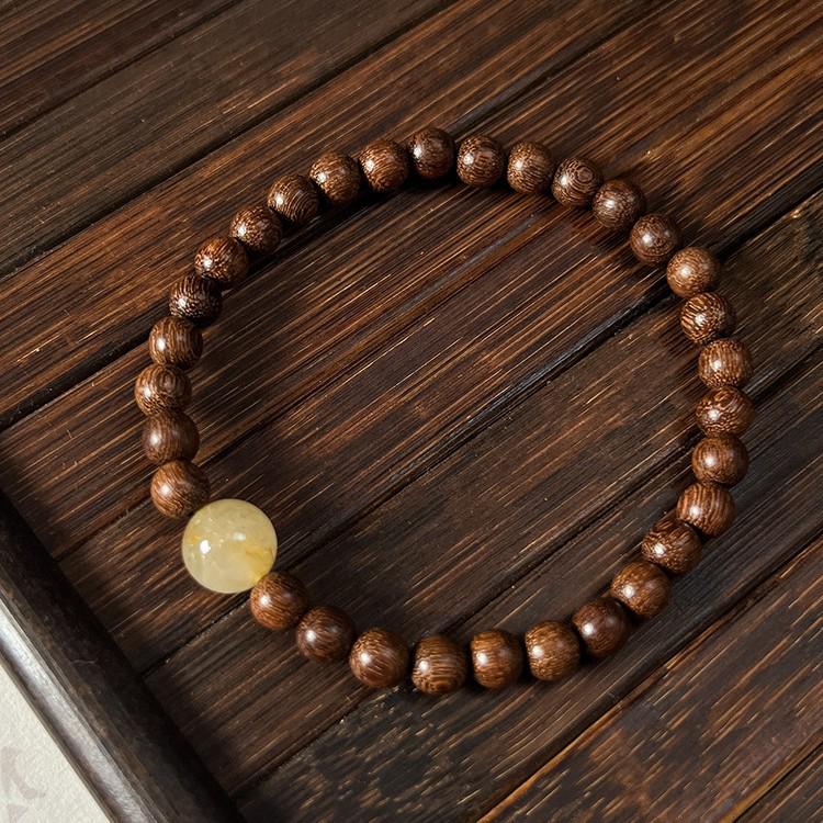 Golden Sandalwood & Rutilated Quartz Beaded Bracelet - Chinese Style Single Strand for Women