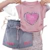 Dziewczęcy Letni Różowy T-shirt z Sequinami w Kształcie Serca - Dopasowany Krój, Uroczy Krótki Rękaw ze Wciąganą Talią