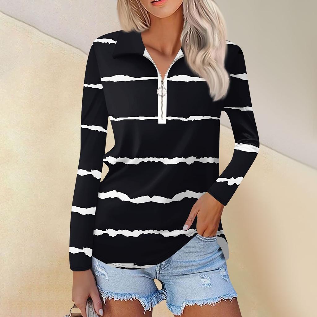 Camisa feminina casual com estampa de zíper e decote em V, manga comprida, primavera e moda