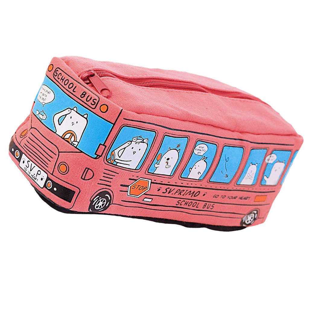 Cartoon Bus Shaped Pen Case Canvas Pen Bag Zippered Pen Pouches Big Capacity Pen Case Stationeries Organiser for Student