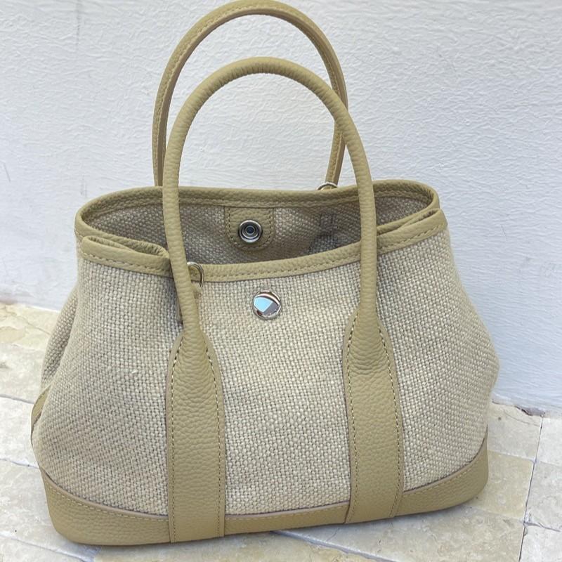 Garden Tote Bag Canvas Top Grain Leather Medium Casual Daily Commuter