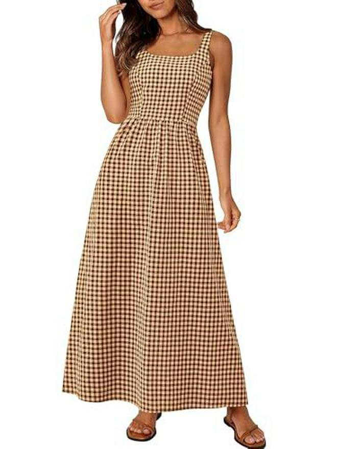 European & American Style Square Neck Plaid Shirred Dress - Fashionable Strappy Casual Women's Dress