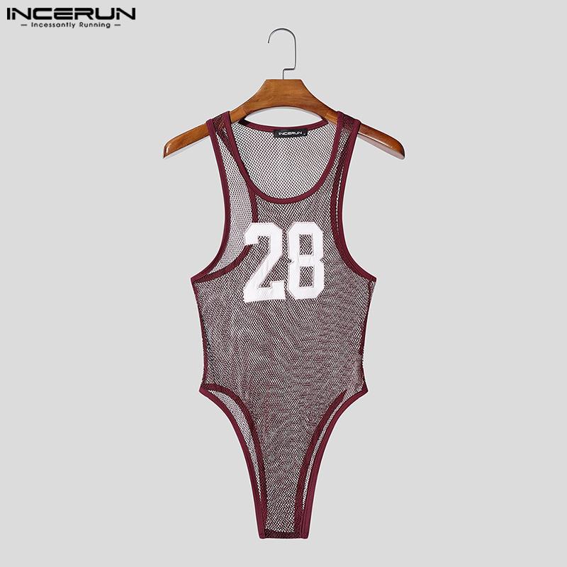 Men Sleeveless Letter Print See Through Transparent Jumpsuits Bodysuits Home Wear
