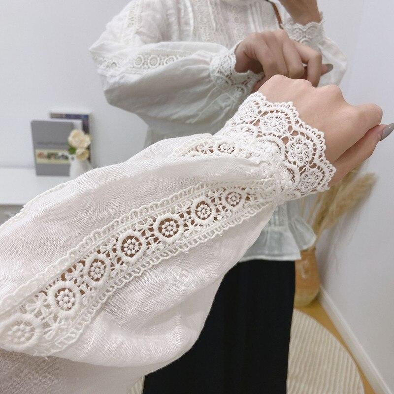 Vintage Linen Ruffle Collar Hollow Out Women Blouses Spring Autumn Loose Patchwork Lace Tie Women Shirts