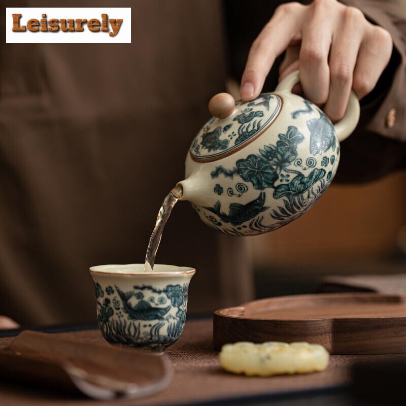 111ml Ancient Fish Algae Pattern Xishi Teapot Imitation Song Ru Kiln Ball Hole Infusions Pot Tea Brewing Kettle Cha Collection