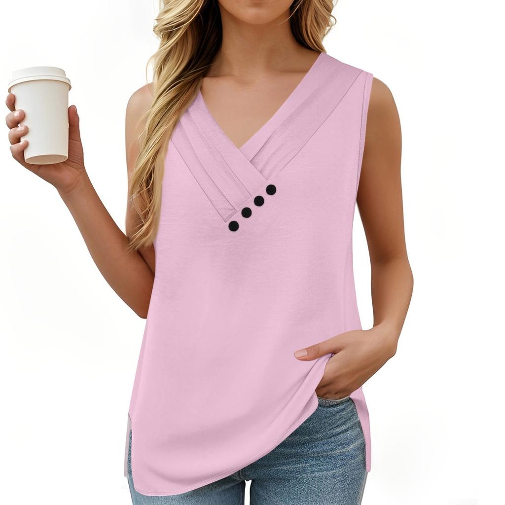 Women's Solid Color Vest Summer Button-down V-neck T-shirt Sleeveless Loose Fashion Top