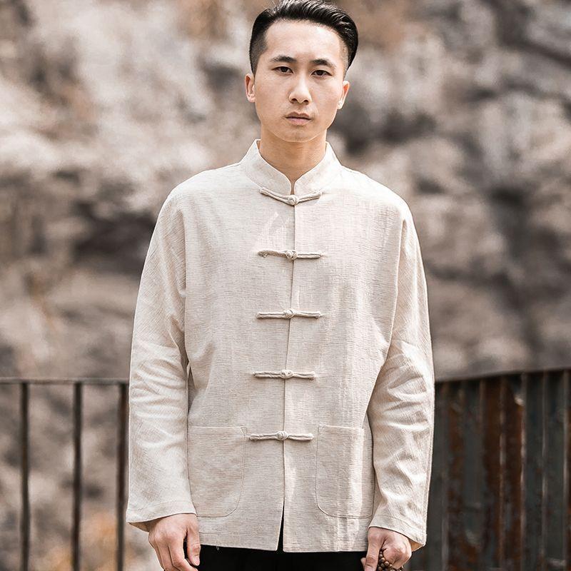 Camicia da Uomo Stile Cinese Retro Tuta Tang - Top a Maniche Lunghe in Lino Cotone