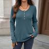 Autumn Winter Solid Color Round Neck Button Loose Long Sleeve T-Shirt Top for Women