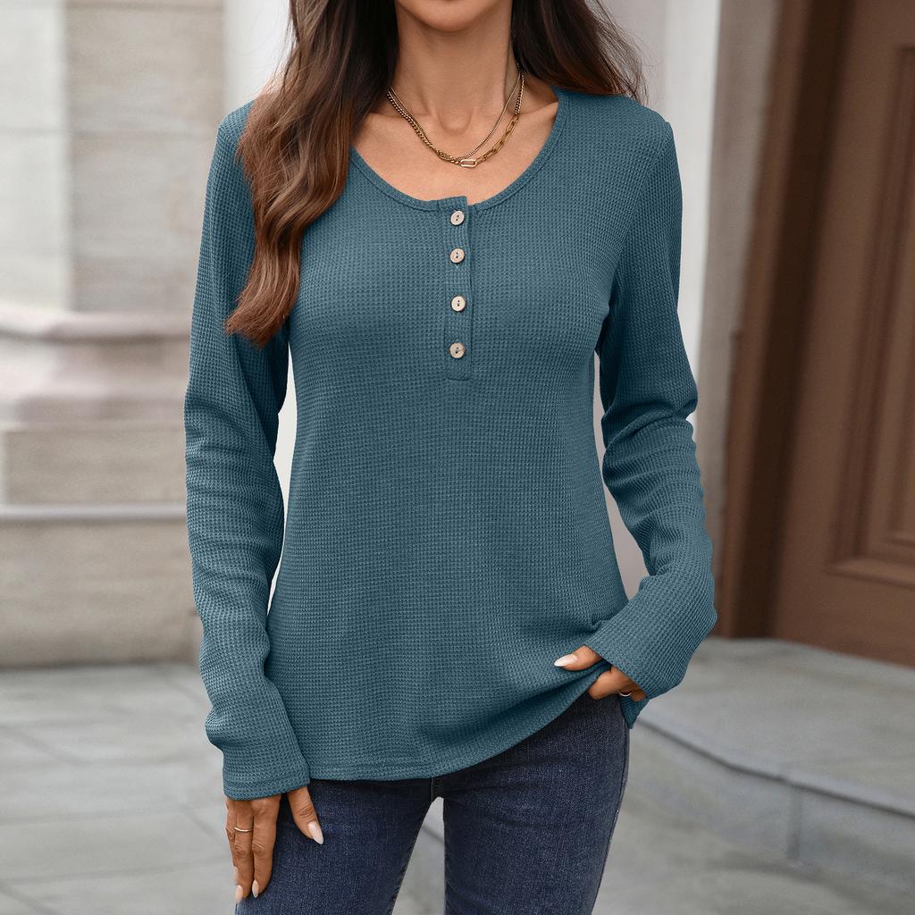 Autumn Winter Solid Color Round Neck Button Loose Long Sleeve T-Shirt Top for Women