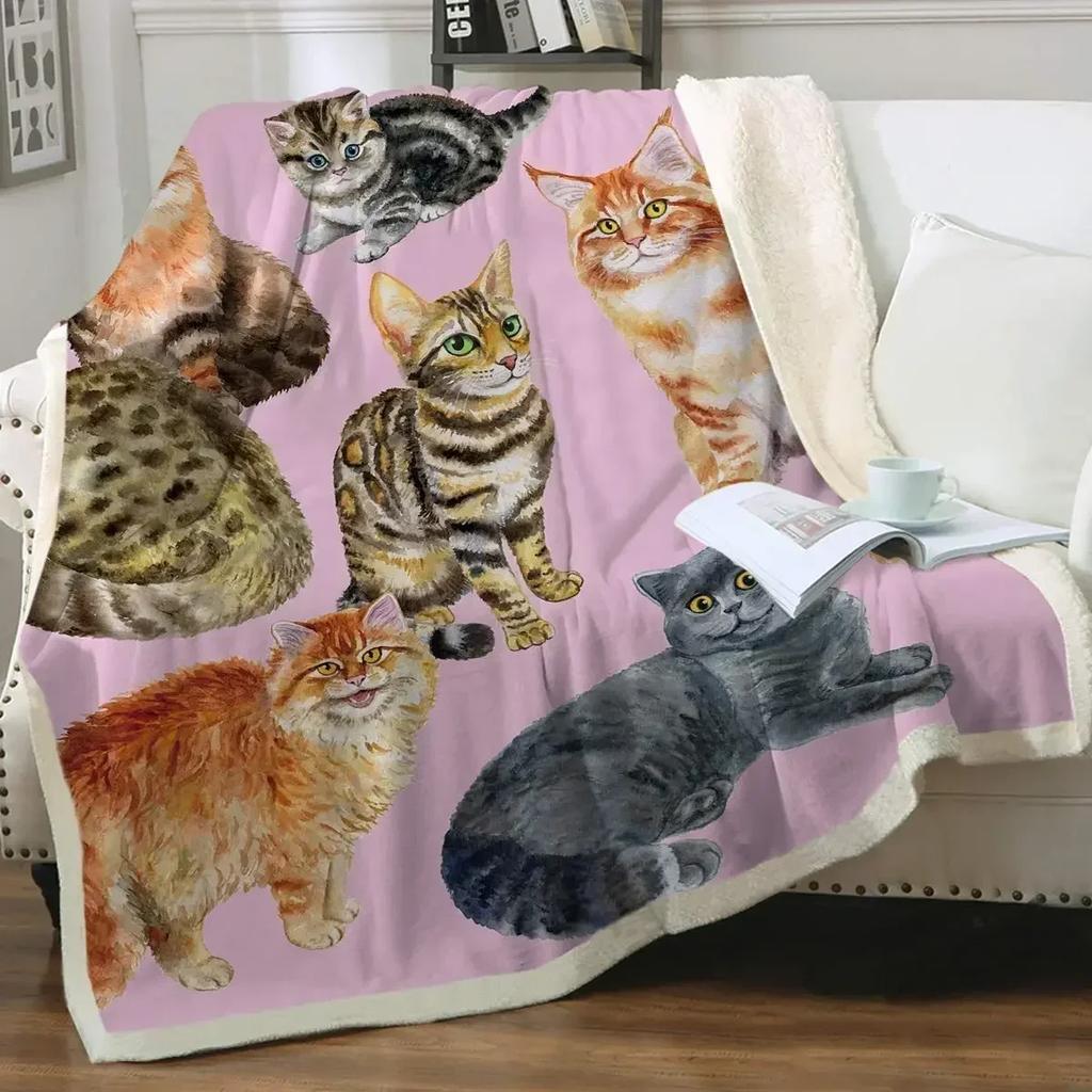 Grey and White Cats Blanket Plush Sherpa Flannel Throw Blankets for Couch Sofa Super Soft Blanket Bedroom TV Throw Blanket Full