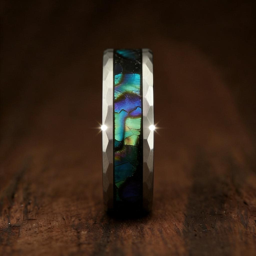 8MM Gehammerte Edelstahlringe für Männer Frauen Einlage Bunte Abalone-Muschelringe Männer Hochzeitsparty Schmuck Geschenk