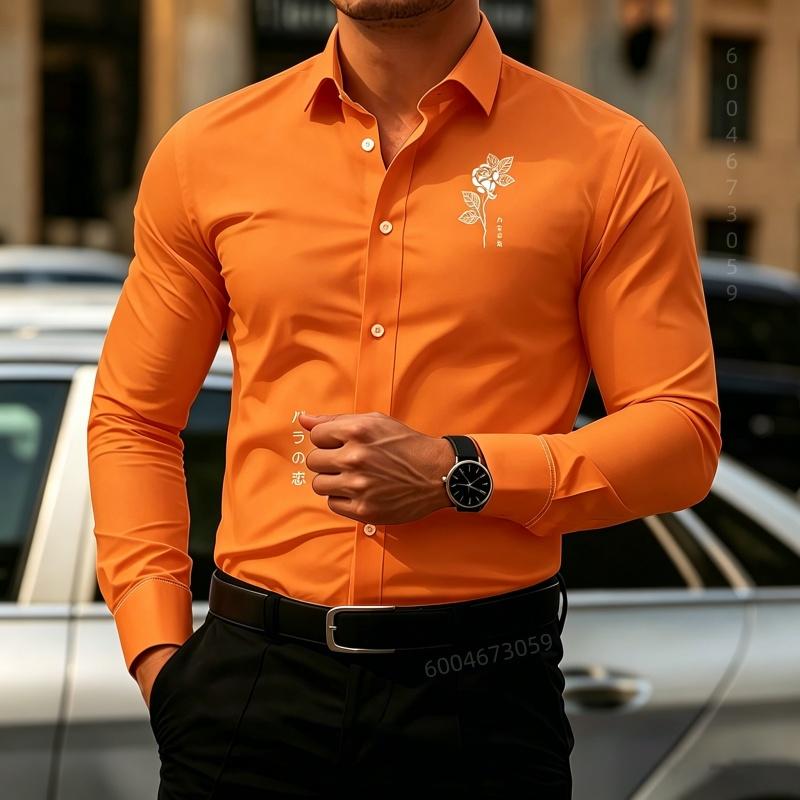 Men's Shirt Collar Long Sleeved Shirt Rose Print Design Simple Slim Fit Single Breasted Men's Top
