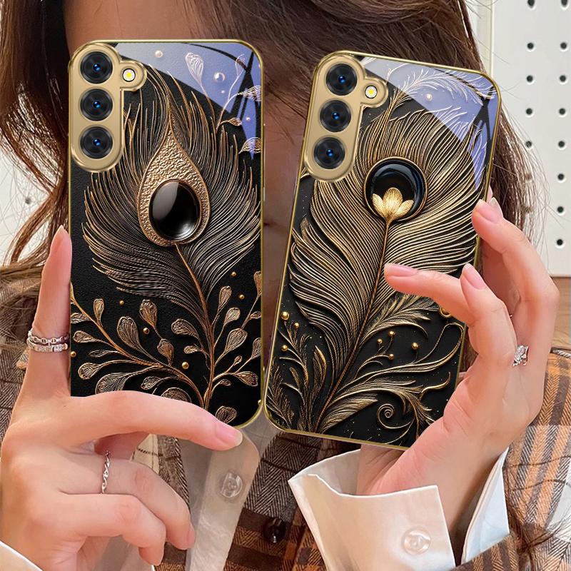 Golden Feather Gemstone For Samsung Galaxy S20 FE S21 S22 S23 Plus S24 Ultra 25Ultra S21+ S9+ S22Plus Golden glass phone case