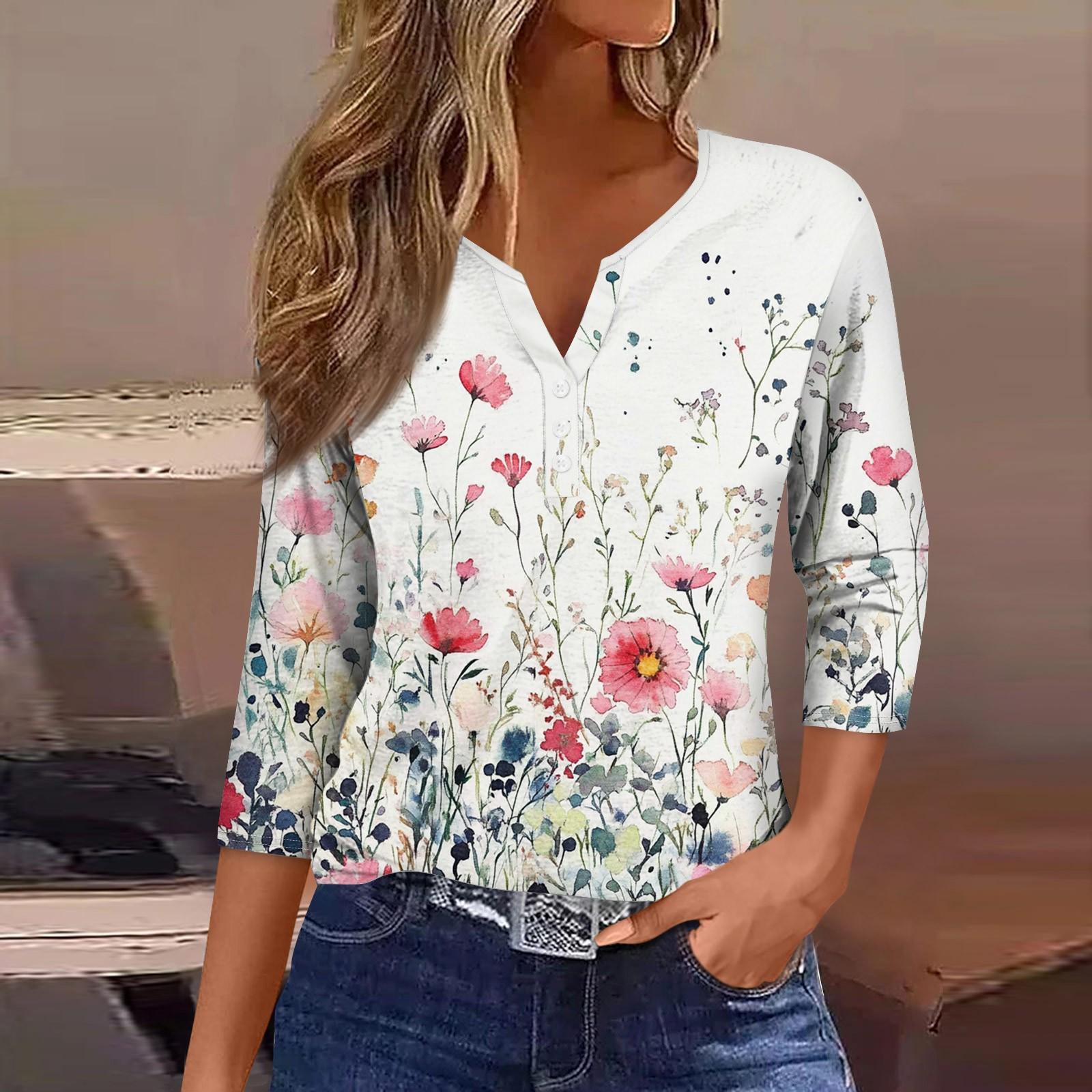 

Жіночий вільний повсякденний топ з квітковим принтом і V-подібним вирізом з рукавами «сім чвертей» Топ з V-подібним вирізом з рукавами «сім чвертей» L хакі