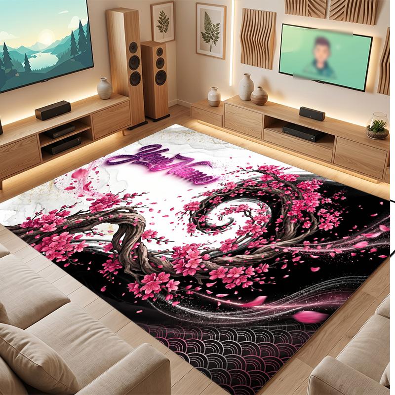 Floral Garden Theme Soft Crystal Velvet Rug Custom Name & Text Print Non Slip Floor Rug for Bedroom Living Room