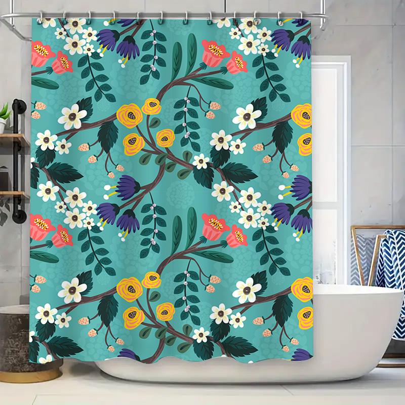 Bright Floral Shower Curtain Waterproof Fabric Bathroom Decor Blue Green Yellow Red White Flower Pattern Bath Rug Cover Size180x