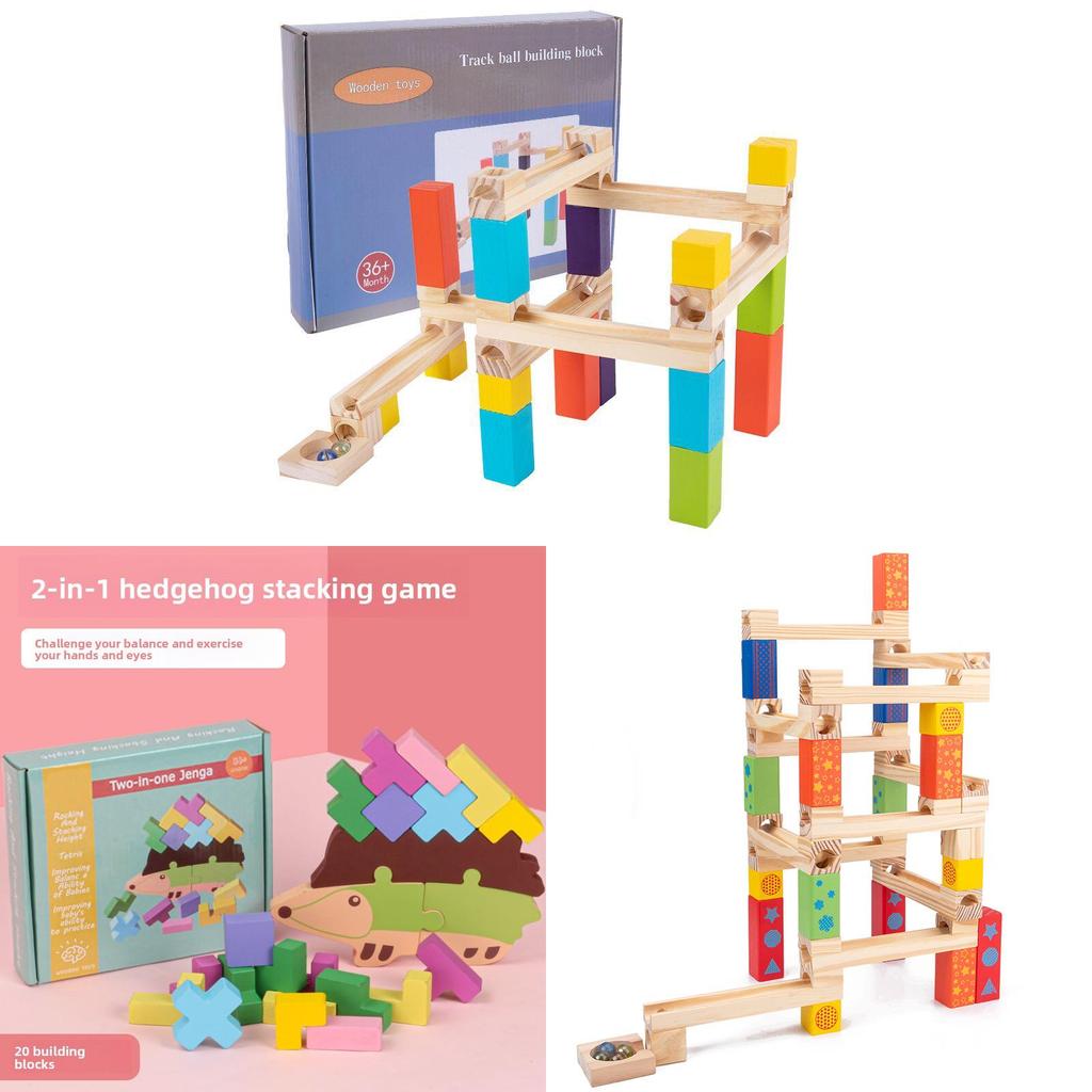 Wooden Kids Puzzle Building Blocks With Marble Track And Mechanical Dominoes For Cognitive Development