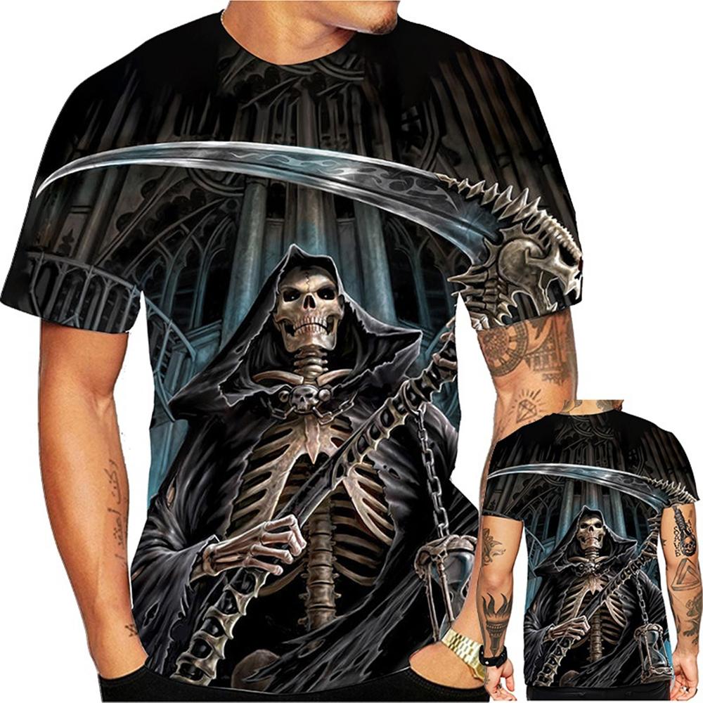 Tendenza moda estiva, T-shirt divertente e creativa, fantastico motivo stampato in 3D con teschio, T-shirt casual e comoda