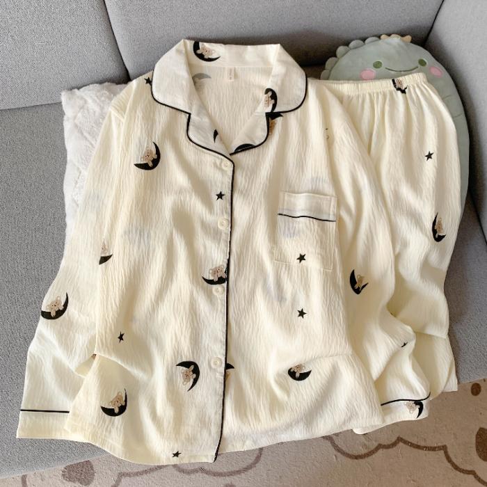 

Мультяшный Лунный Медведь Модные Женские Пижамы Корейский Стиль Повседневные Мягкие 2 Предмета Комплект Пижамы Осень Длинная Домашняя Одежда Воротник с Лацканами Новинка 2025 M