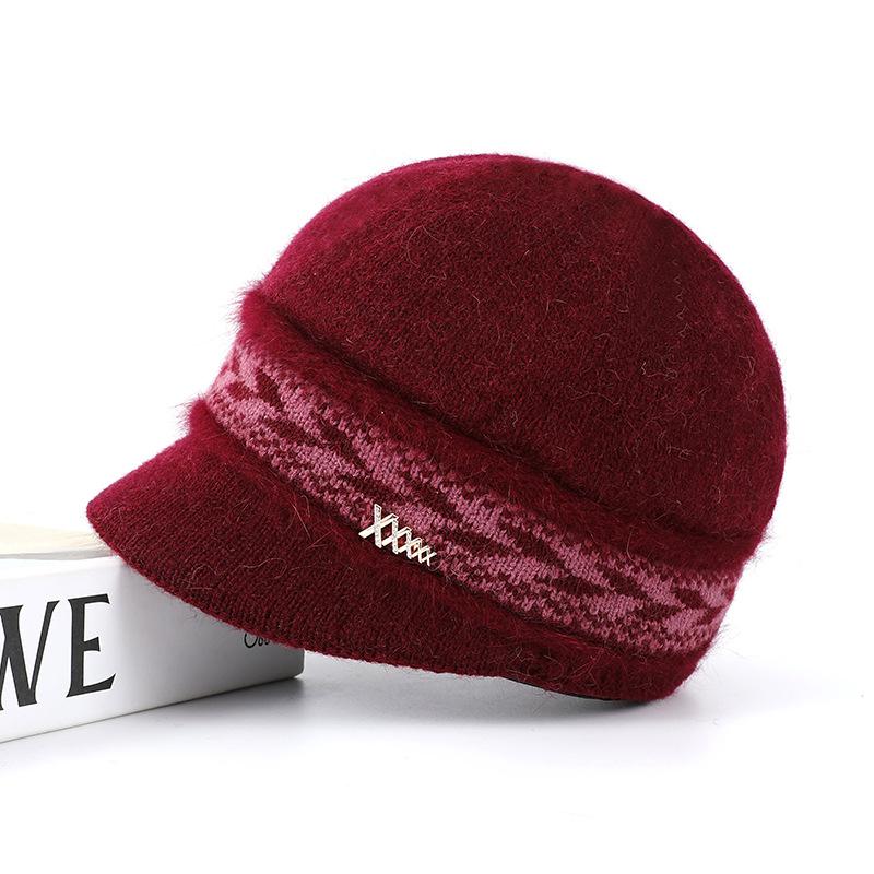 

Middle-aged autumn and winter rabbit wool blended knitted hat fashionable mother thickened thermal basin hat windproof and cold-resistant wool hat One size темно-красного