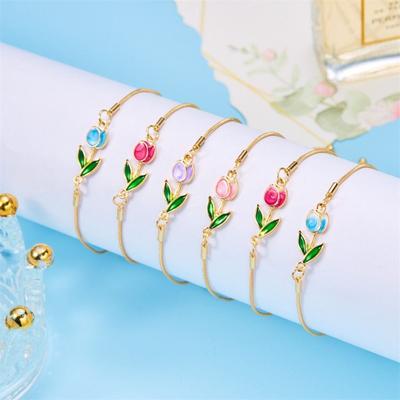 Adjustable Chain Tulip Flower Bracelet Enamel Colorful Vintage Bracelet  For Women