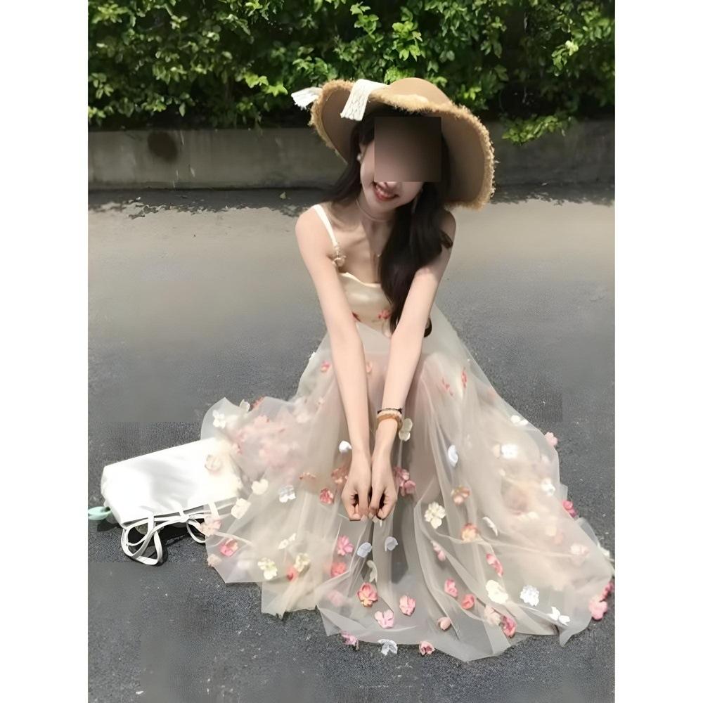 Summer beautiful small skirt, vacation style three-dimensional flower mesh slip dress, casual temperament waist skirt