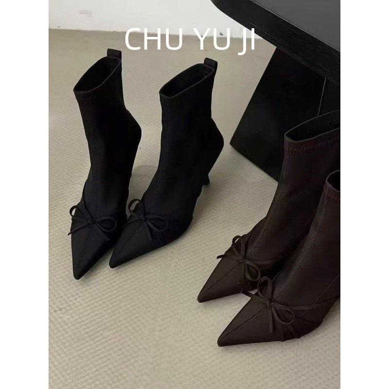 First encounter season French-style vintage pointed head thin heel satin bow short boots women's autumn and winter thin elasticity