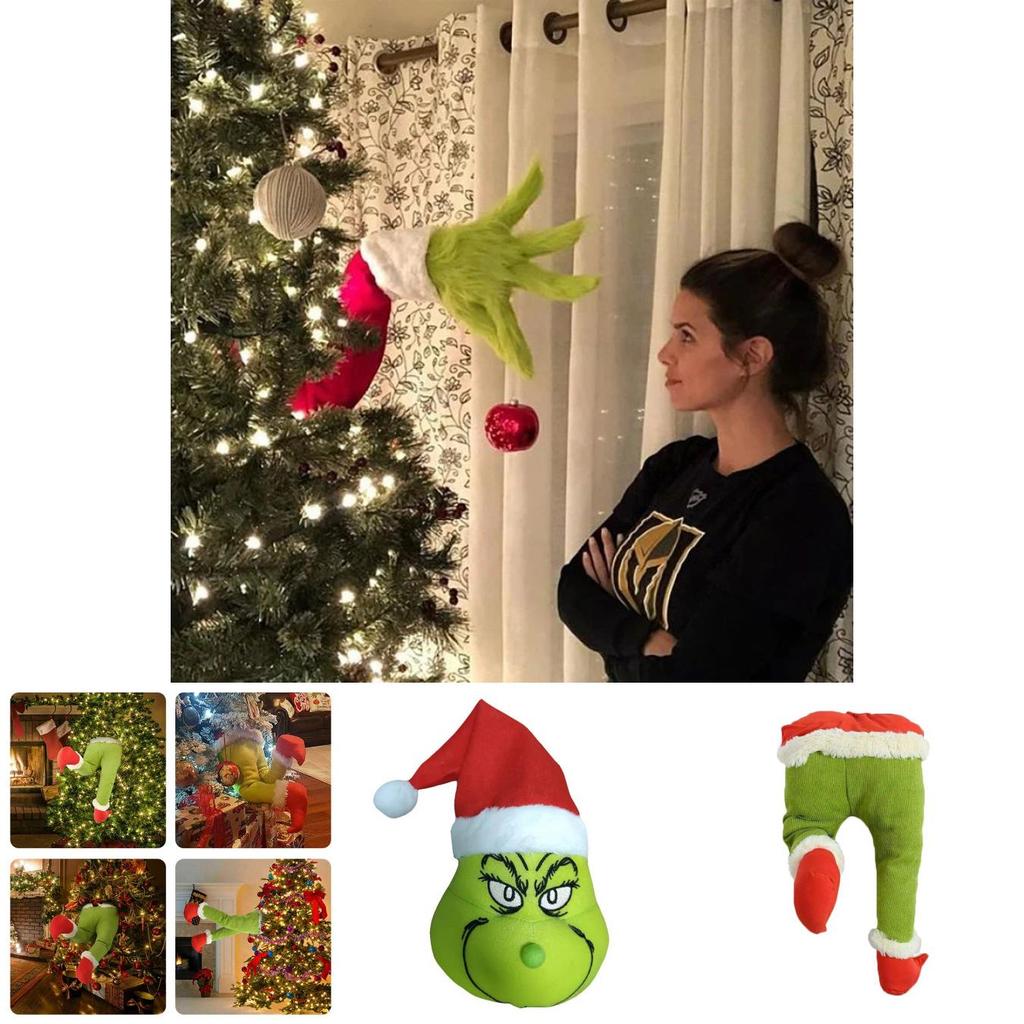 Charming Grinch Christmas Decorations Furry Green Leg And Head Tree Ornament Set