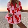 Conjunto de pantalones cortos de playa y camisa de manga corta para mujer, multicolor, vida marina, ocio, vacaciones, conjunto de dos piezas