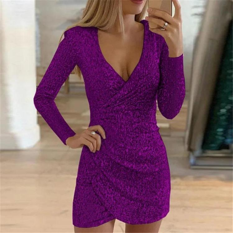 New Autumn Collection Women Sexy V Neck Mini Dress Glittering Gown Unique Bagging Design Fashion Dress S