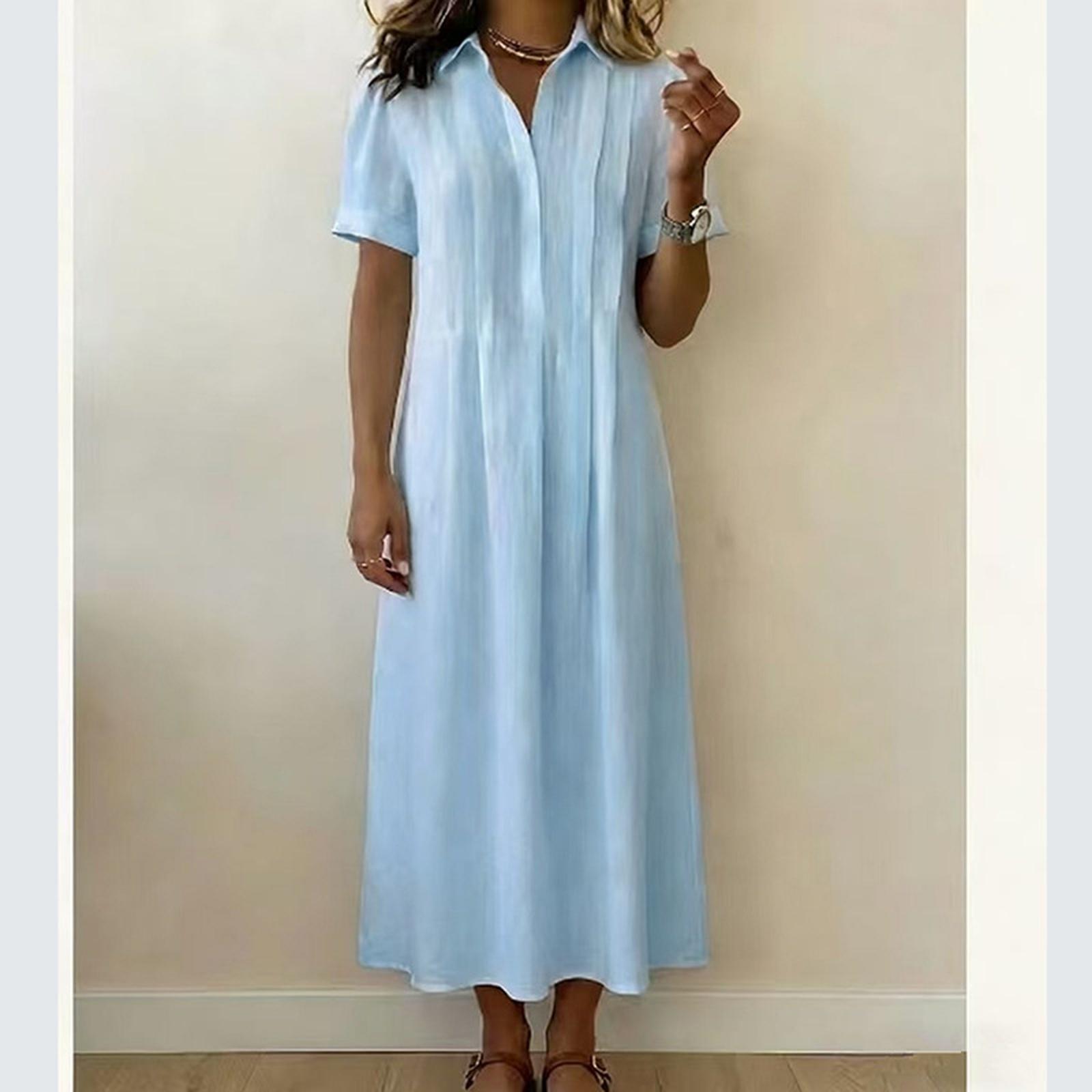 

Fashionable Women s Lapel Short Sleeved Door Tube Striped Cotton And Linen Dress L