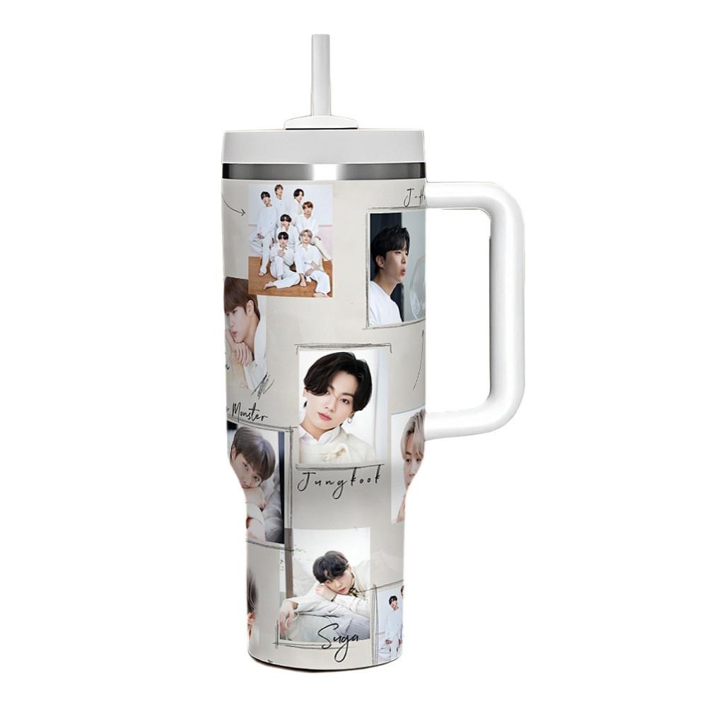 Bts 40oz Auto Reismok Met Handvat En Rietjes Draagbare Geïsoleerde Fles Voor Dagelijks Gebruik