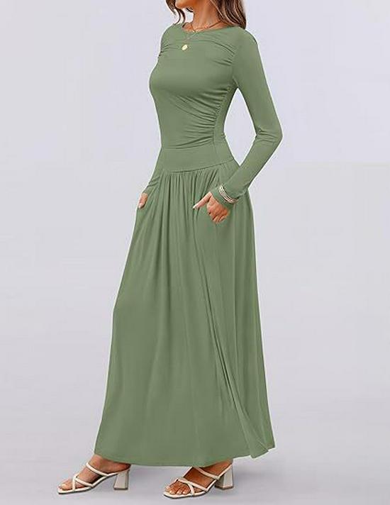 2025 Cross-border Women's Round Neck Pleated Pocket Slim Fit Long Sleeve Knit Dress